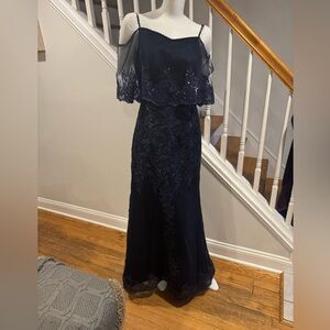 Off the Shoulder Navy Gown with Sequin Appliqués and Sheer Cape Design Size 10